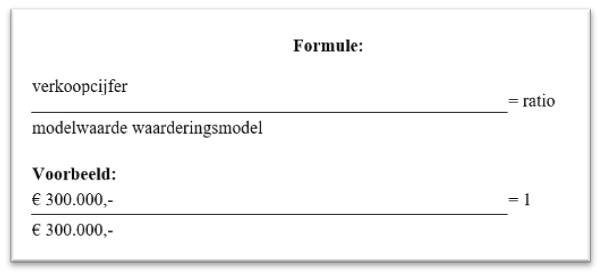 De formule om de ratio te berekenen is het verkoopcijfer gedeeld door de modelwaarde van het waarderingsmodel